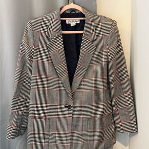 Vintage Women's Houndstooth Pure Wool Blazer with Red Accent